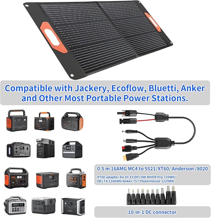100W Portable Solar Panel for Power Station Compatible with Jackery Ecoflow Bluetti Anker and More Portable Power Stations Weatherproof for Camping RV Emergency Power (100W)