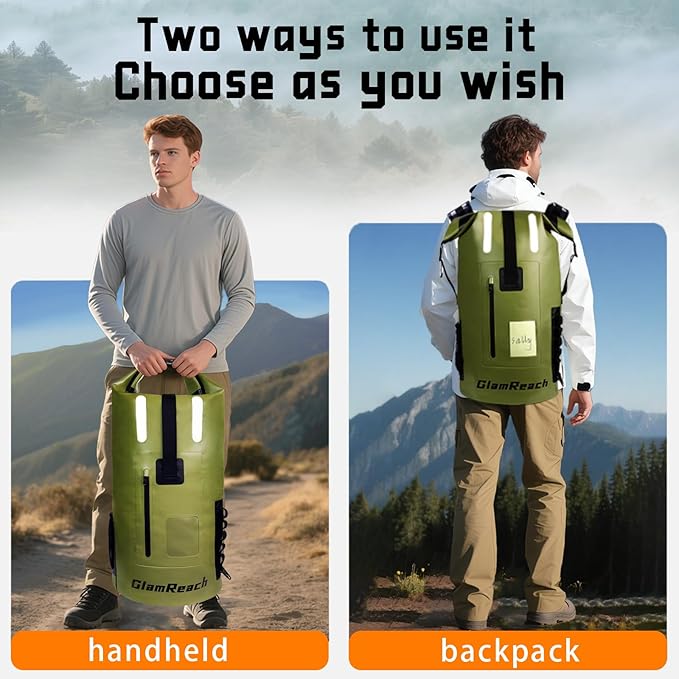waterproof backpack 55L- Heavy Duty &amp Dirt Resistant Roll Top Sack Essential Gear for Kayaking Hiking Camping Beach Travel with 2L dry bag (Green 55L)