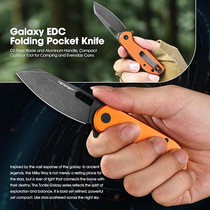 TONIFE Galaxy Mini Folding Knife with D2 Steel Blade and Aluminum Handle EDC Pocket Tool for Camping Hiking and Survival (orange)