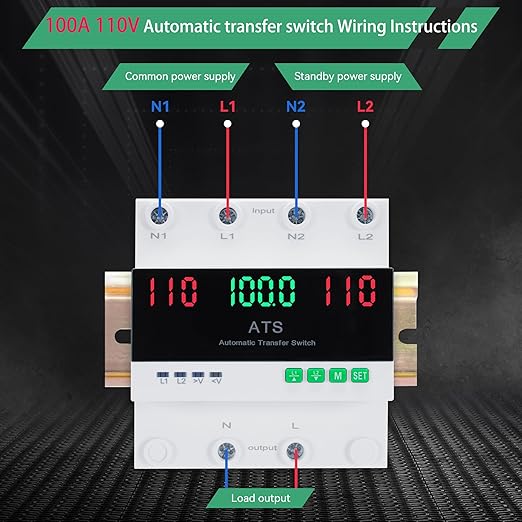 100amp AC110V Automatic Transfer Switch with LED Display 50/60Hz 2P ATS Auto Dual Power Outdoor Changeover Switch for Home GeneratorL1 Priority Din Rail Mount CE Certified Selector Transfer Switches