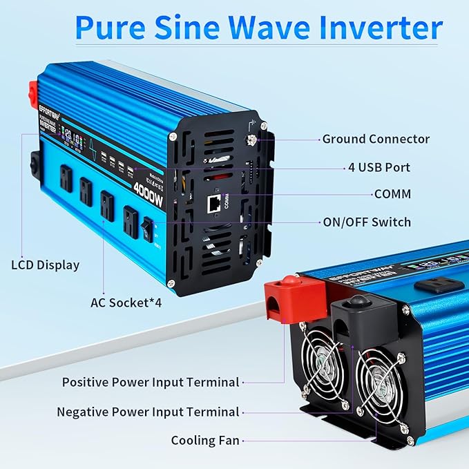 4000w Pure sine Wave Inverter DC 12V to AC 110V/120V Converter 8000w (Peak) with LCD Display Wireless/Wired Remote Control 4AC outlets and 4USB.Ideal for Camping RV Travel Off-Grid Solar Systems