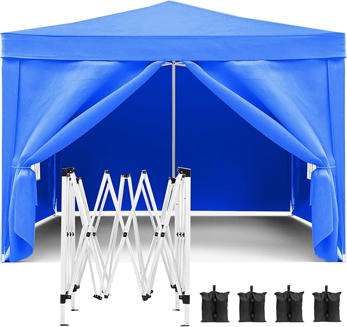 10'x10' Folding Canopy with 4 Removable Sidewalls Outdoor Event Shelter UPF 50+ Gazebo Portable Tents for Parties Beach Camping Wedding EZ Pop Up Canopy Weight Bag + Carry Bag (Blue)
