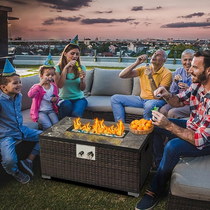 32'' Fire Pit Table with Natural Gas Conversion Kit Marble Textured Ceramic Tabletop 50000 BTU Fire Table with Brown Wicker Rectangle Tank Required to Be Kept Outside.