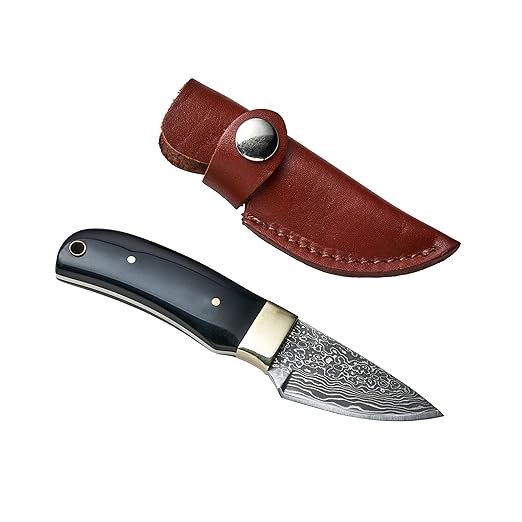 Kings County Tools Damascus Knife 5.5” Small Full Tang Fixed Blade Knife with Sheath - 2.25” Damascus Steel Blade Leather Sheath with Belt Loop - Skinning Bushcraft Camping or EDC Gifts for Men