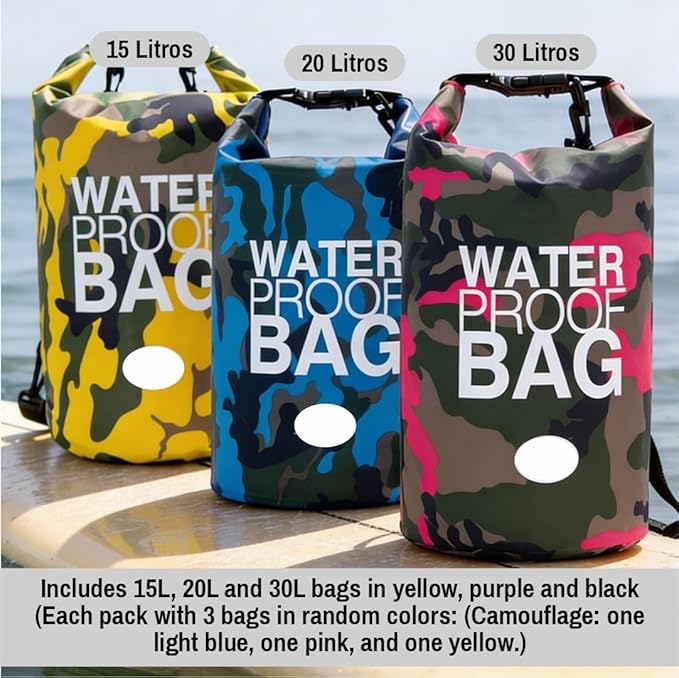Waterproof Dry Bag Set of 3 (15L 20L 30L) - PVC Roll Top Dry Bags Waterproof - Backpack for Kayaking Camping Beach &amp Travel (Camouflage: light blue pink and yellow)