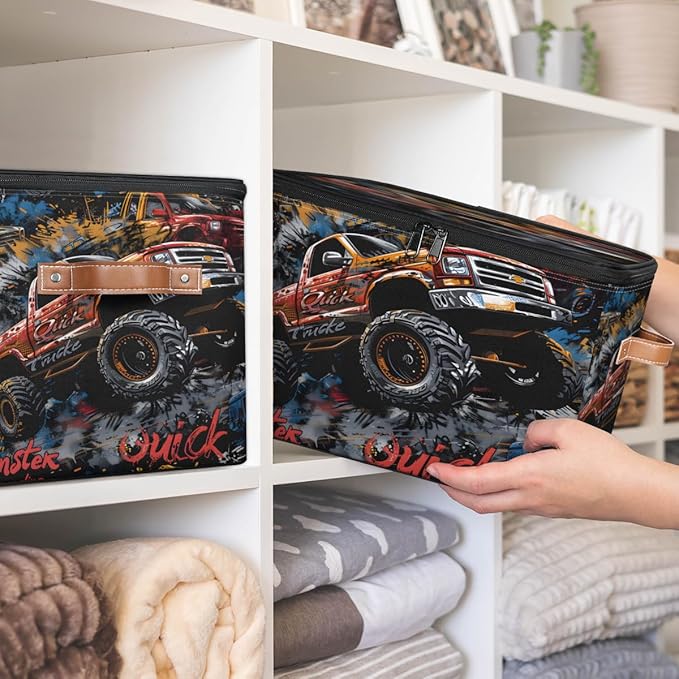 Storage Bin with Lid Stackable Closet Storage Bins Cool Trucks Decorative Bedroom Organizer Box Lidded Baskets Living Room Storages Boxes Cube Organizer Cute Container with Handles