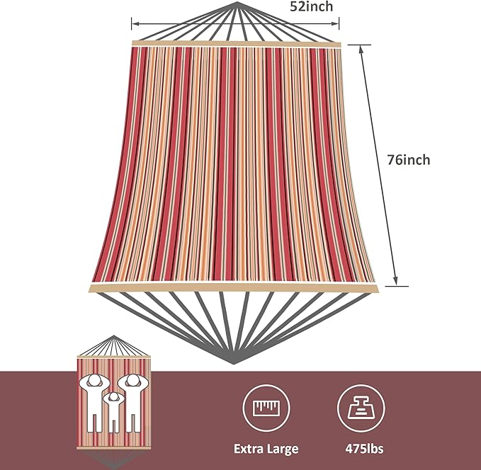 SUNCREAT Rope Hammocks for Outside with Polyester Pad and Stand Extra Large Double Hammock with Wooden Stand Red Strips