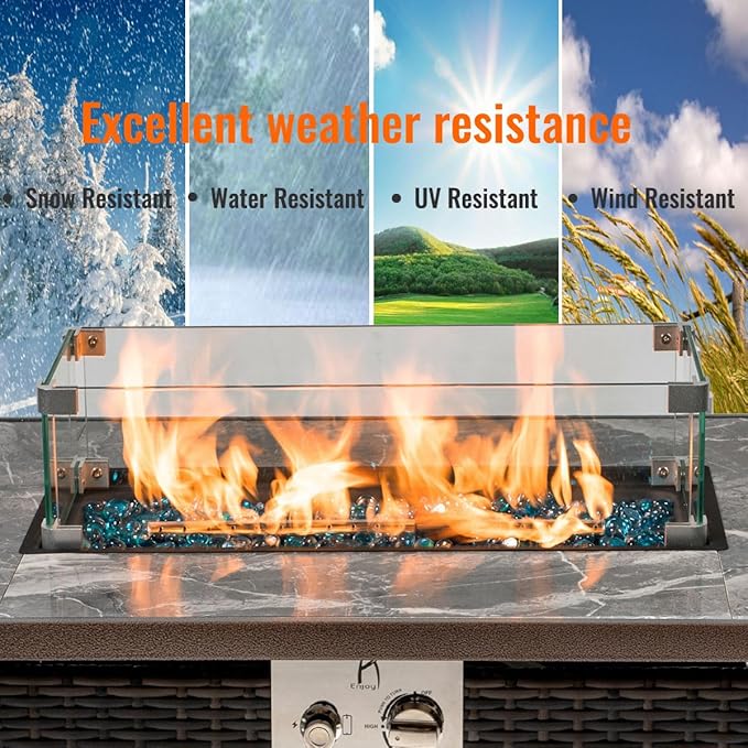 42'' Propane Fire Pit Table Marble Tile Ceramic Tabletop with Glass Wind Guard 50000 BTU Fire Table with Inclined Leg and Art Powder Design Blue Glass Rocks Including Lid&ampCover Brown