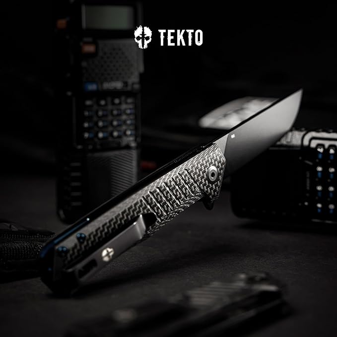 TEKTO F1 Alpha Folding Pocket Knife - Modified Straight Back BladeTitanium Coated D2 Steel Ideal for Outdoor Camping and Backpacking Tactical Carbon Fiber Handle Blue Titanium Accents