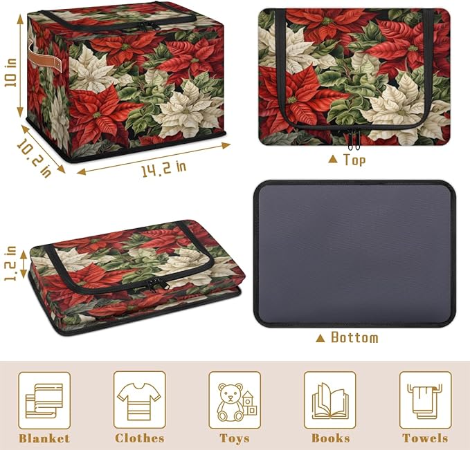 KOBLEN Poinsettia Flower Storage Basket Collapsible Rectangular Storage Bins with Zipper Lid Handle Closet Shelf Cloth Organizer Basket for Nursery Bedroom Clothes Toy 2 Pack