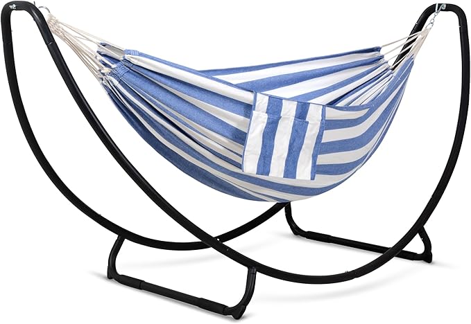 SUNCREAT Portable Large Hammock with Stand Two Person Hammock with Stand Included Patent Pending Blue White