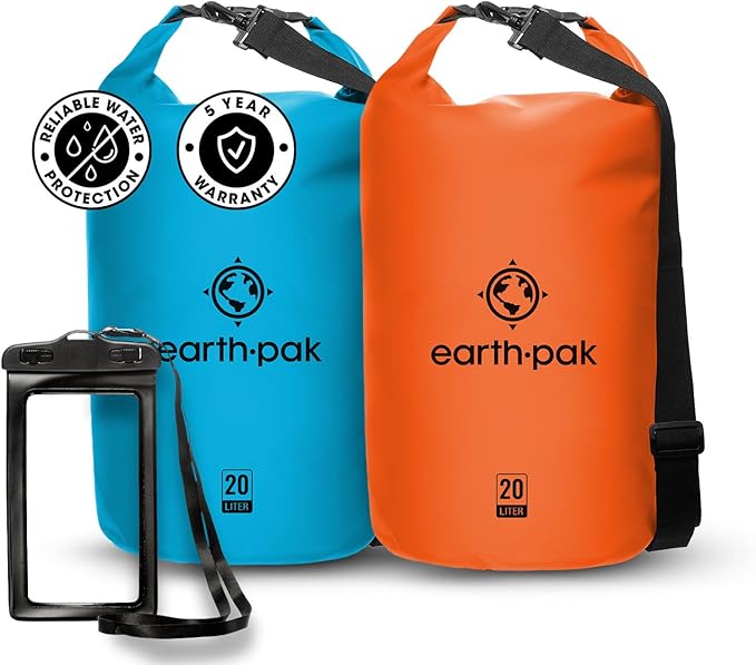 Earth Pak Waterproof Dry Bag - Roll Top Waterproof Backpack Sack (Light Blue 20L &amp Orange 20L)