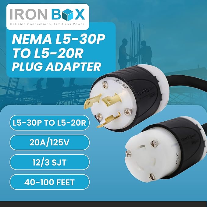 IronBox Electric NEMA L5-30P to L5-20R Plug Adapter Power Cord - 20A125V 12/3 SJT - UL Listed Power Cable - Heavy Duty Extension Cord for Generator Data Centers Outdoor &amp More (40ft Custom Bu