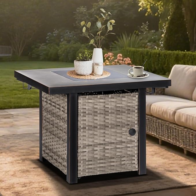 OutVue 32 Inch Propane Fire Pit Table Outdoor Gas Fire Pits with 2 Drink Holders Lid &amp Lava Rock 50000 BTU Firepit Table for Dinning Party in Outside Patio Garden or Yard