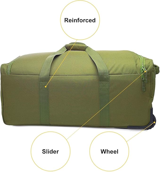 Military Wheeled Deployment Bag Large Tactical Heavy Duty Duffel Bag for Camping Hiking (Green)