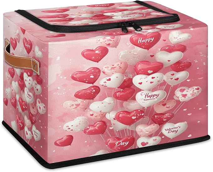Valentine¡¯s Day Storage Bins with Zipper Lid Love Heart Balloons Fabric Lidded Storage Baskets Cubes with Handles Decorative Foldable Shelf Closet Organizer Container