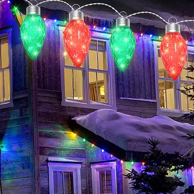 Red and Green Jumbo C9 Christmas Lights - 4 Bulbs 60 LED Giant C9 Outdoor Hanging String Lights for Tree Porch Gazebo Eave Decorations 12 Feet White Wire Connectable Red and Green - Twinkling