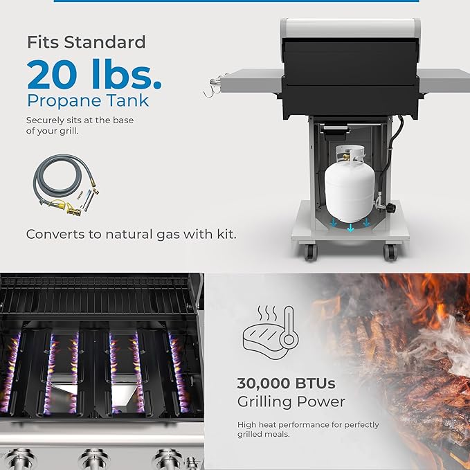 Kenmore 3-Burner Outdoor BBQ Grill | Liquid Propane Barbecue Gas Grill with Folding Sides PG-A4030400LD-PE Pedestal Grill with Wheels 30000 BTU Pearl White