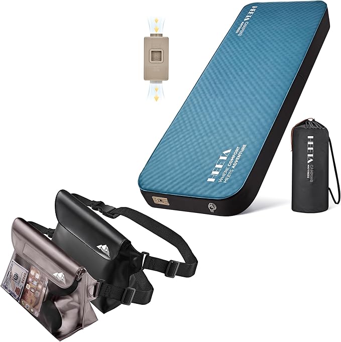 HEETA 2-Pack Waterproof Fanny Pack Waterproof Pouch Dry Bag for Phone (Black &amp Grey) Bundled with Self Inflating Sleeping Pad with Electric Pump 4 Ultra Thick Memory Foam Camping Mattress