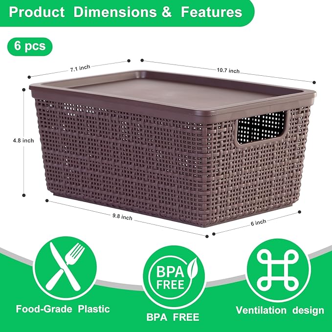 6 Pack Plastic Storage Baskets With LidsBrown Breathable Stackable Storage BinsSmall Storage Containersfor Organizing Storage Baskets on DesktopsClosetsPlayroomsClassroomsOffices