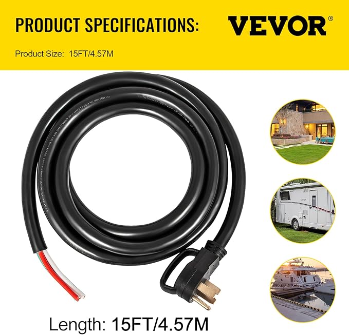 VEVOR 15-Foot 50 Amp Heavy Duty Generator Extension Cord 6/3+8/1 Gauge STW 125V/250V 4-Wire NEMA 14-50P to SS2-50R 12500W Power Cord with Handle for RV EV Transfer Switch