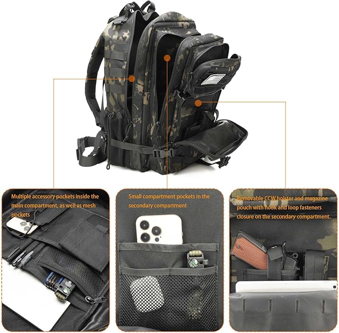 Tactical Backpack for Men Military Backpacks with Gun Holster Bug Out Bag 3 Day Assault Pack Large Molle Gun Backpack Pistol Bag of Handgun Black Camo