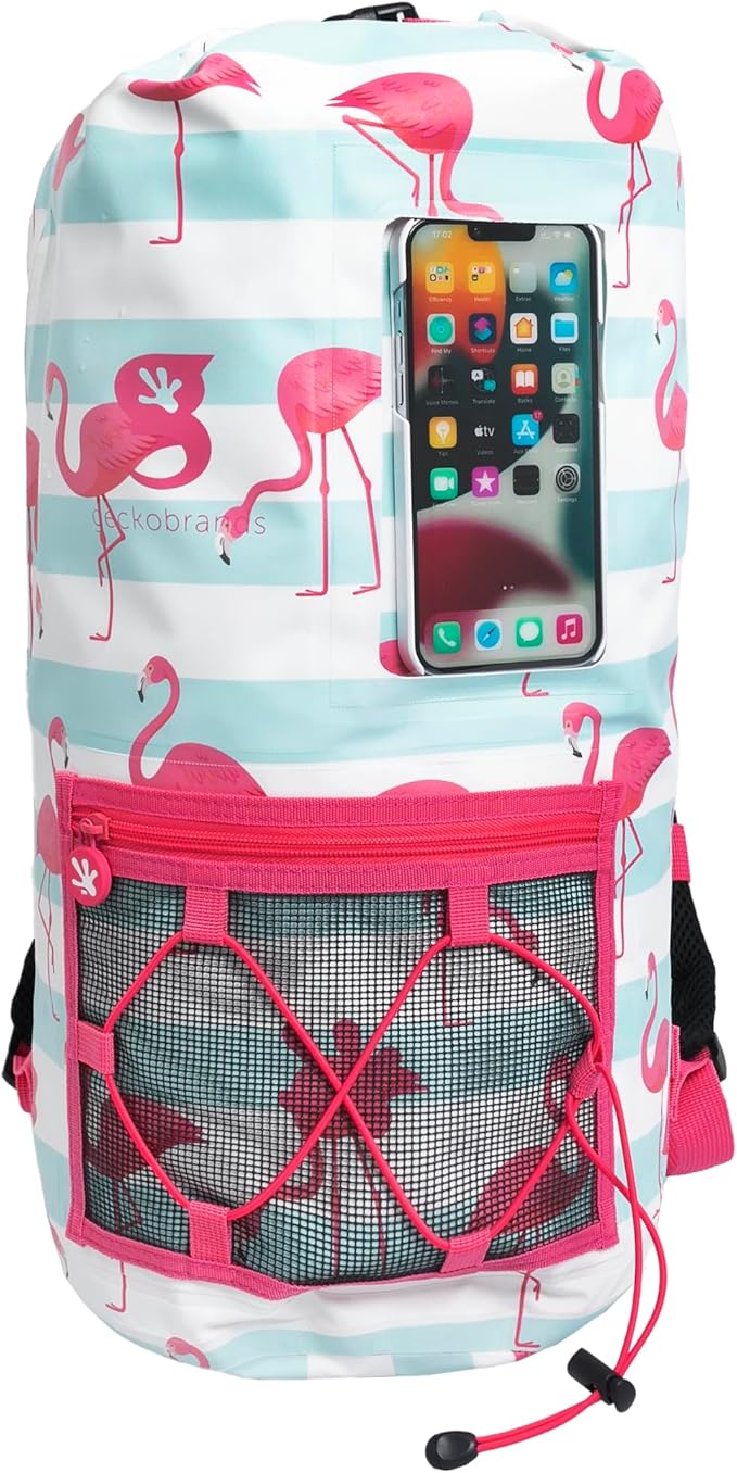 geckobrands Hydroner 20L Waterproof Dry Bag Backpack – Lightweight Roll-Top Bag with Clear Phone Pouch for Outdoor Activities (Flamingo)