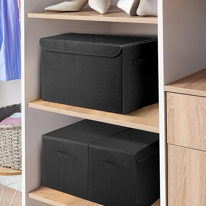 Bagnizer Large 22 Quart Linen Fabric Foldable Storage Bin Cube Organizer Basket with Flip-Top Lid &amp Handles Clothes Blanket Box for Home Office Closet Black 4 Pack 14.6 x 9.5 x 9.5”