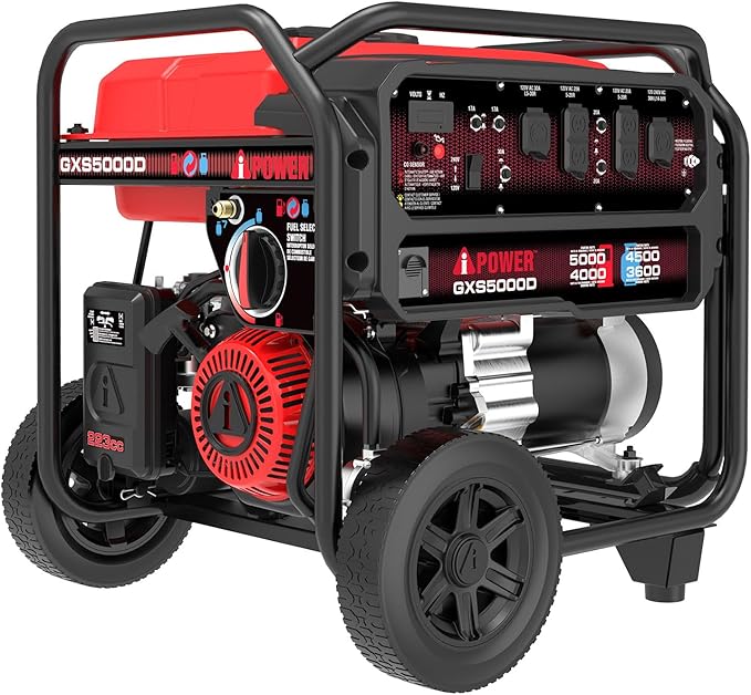 A-iPower 5000-Watt Portable Generator Gas &amp Propane CO Sensor Shutdown Heavy Duty Generators with 223cc OHV Engine For Jobsite RV Home Backup Emergency (GXS5000D)