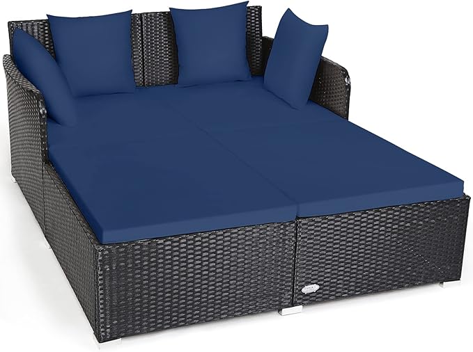 Tangkula Outdoor Rattan Daybed Sunbed Wicker Furniture w/Spacious Seat Upholstered Cushion &amp High-Resilience Sponge Wicker Patio Sofa Set w/Extra Pillows for Courtyard Poolside (Navy)