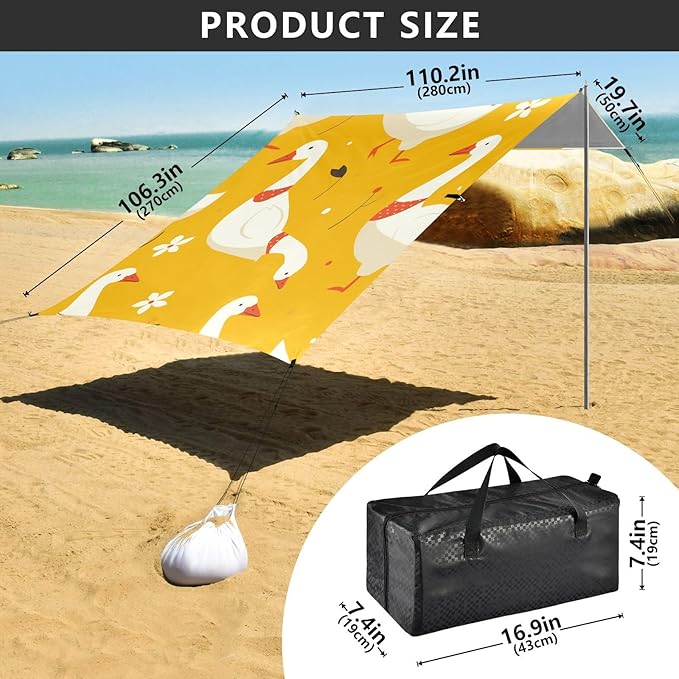 Cute Goose Cartoo Beach Canopy UPF50+ Water-Resistant Sun Shelter with Sandbags &amp Sand Shovel for Camping Picnics Backyard