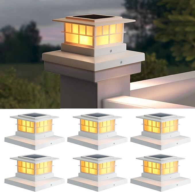 LUTEC 6 Pack Solar Post Cap Lights IP65 Waterproof Solar Fence Post Lights for 4x4 5x5 6x6 Wooden/Vinyl Posts Warm White 3000K LED Solar Powered Lighting Decor for Yard Garden Patio Deck White