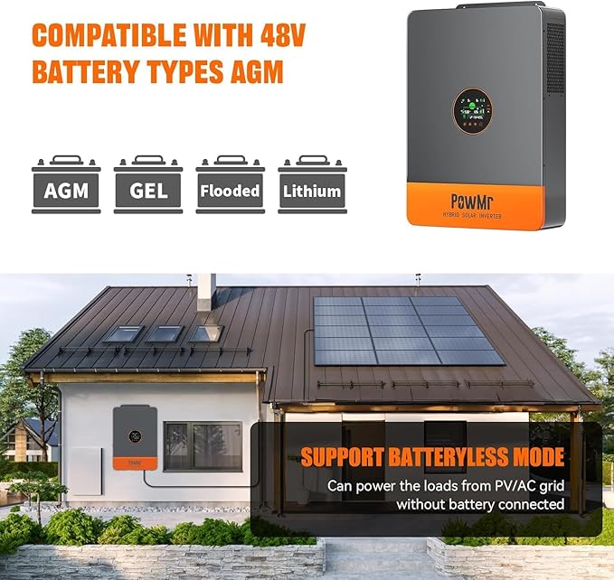 PowMr Solar Inverter 5000W 48Vdc to 110Vac 5200W Split-Phase Solar Inverter Built-in 100A MPPT Controller | Max.PV Input 6KW 500VOC | Support 6 Units Parallel and Batteryless Run