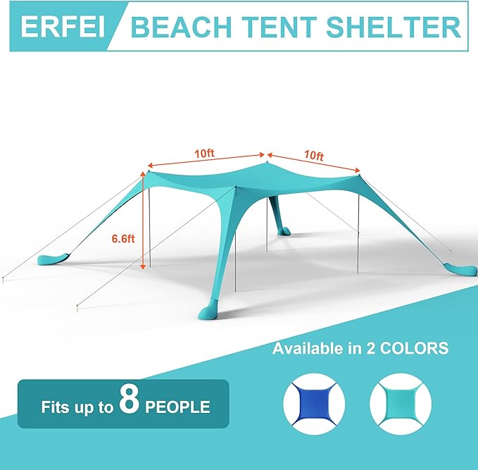 Beach Tent Sun Shelter UPF50+ with Sandbags Sand Shovel &amp Windproof Poles - Portable Pop Up Canopy for Beach Camping Picnics Backyard &amp Fishing (Cyan10x10FT)