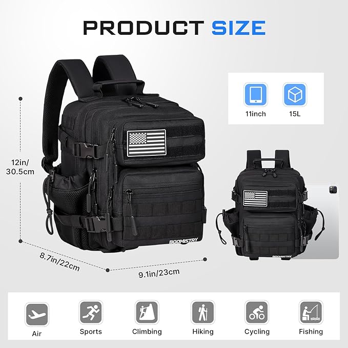 Boomistry 15L Mini Tactical Backpack Small Tactical Backpack for Men and Women Military Backpack for Gym Hiking Daily (Black-15L)