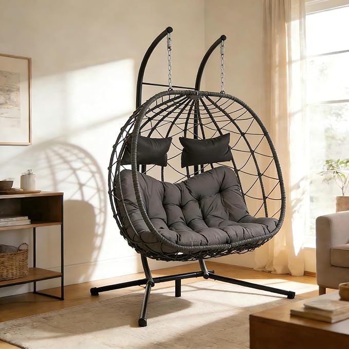 KEIKI Double Swing Egg Chair with Stand Patio Rattan Wicker Hammock Egg Chair with UV Cushion 2 Person Outdoor Indoor Hanging Basket Chair 660LBS Capacity for Balcony Dark Gray and Gray