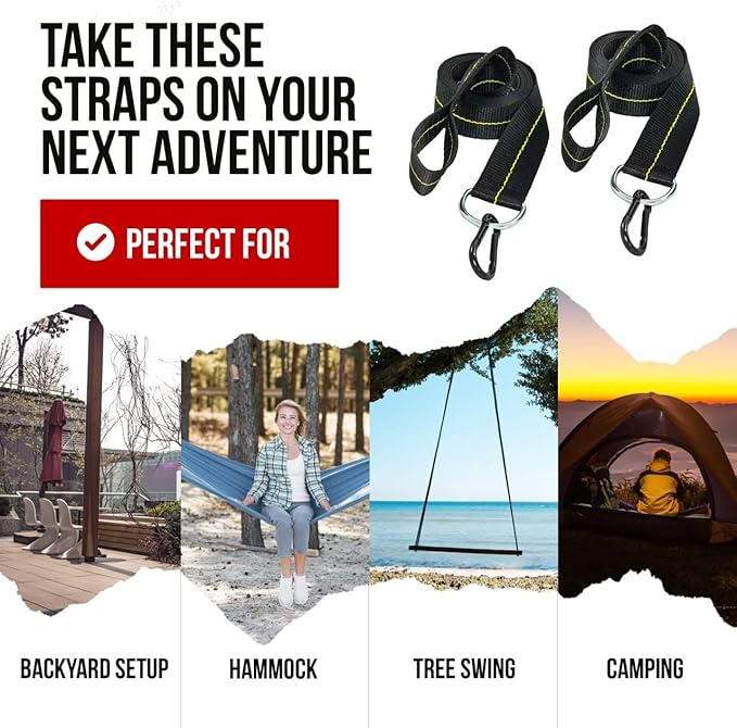 Hammock Straps - Set of 2 Hammock Tree Straps with Heavy Duty Carabiner Clips - 2 Inch X 8 Foot Long Straps for Hammock Camping 4000 lb Webbing - Made in USA Black