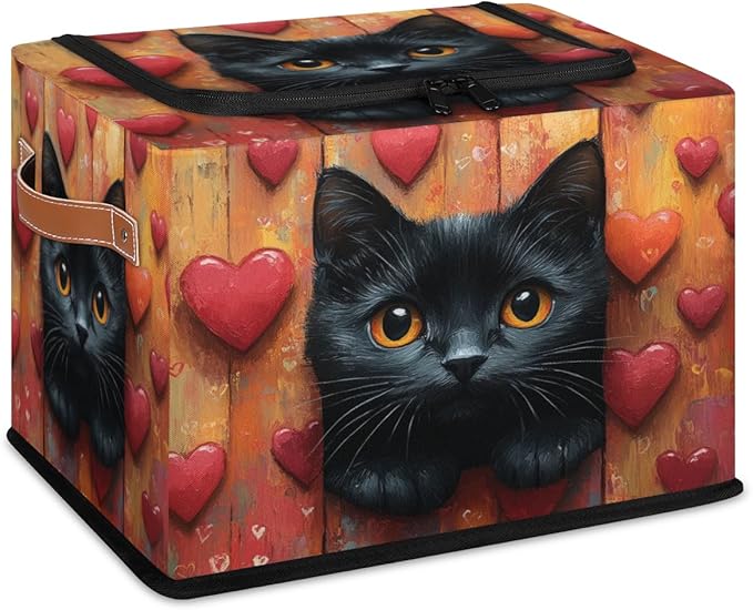 Black Cat Storage Bins with Zipper Lid Hearts Valentine's Fabric Lidded Storage Baskets Cubes with Handles Decorative Foldable Shelf Closet Organizer Container
