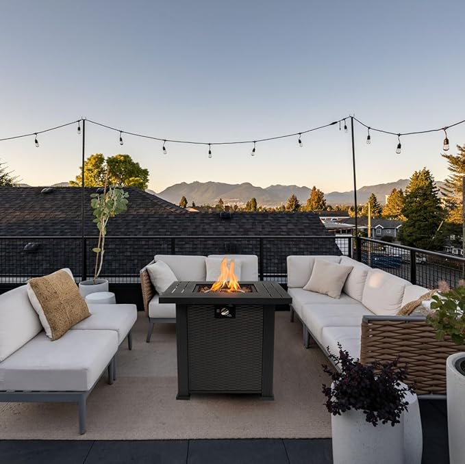 28'' Propane Fire Pit Table 50000 BTU Fire Table with Steel Lid Big Legs Laval Rocks.