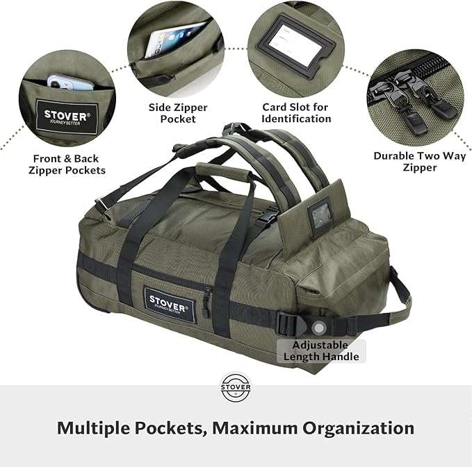 STOVER 45/80/100L Carry-On Rolling Duffel Bag with Wheels Medium Durable Travel Duffle w/Toiletry Bag Packable Foldable with Shoulder Straps- Use as Luggage or Backpack Men/Women (Green)