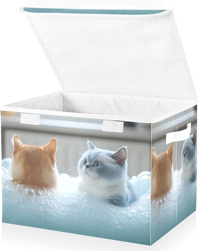 AIXIWAWA Lidded Storage Cube (Showering Cats) Fabric Foldable Closet Bins with Flip Lid and Handles Organizer Basket Container 16.5 x 12.6 x 11.8 IN