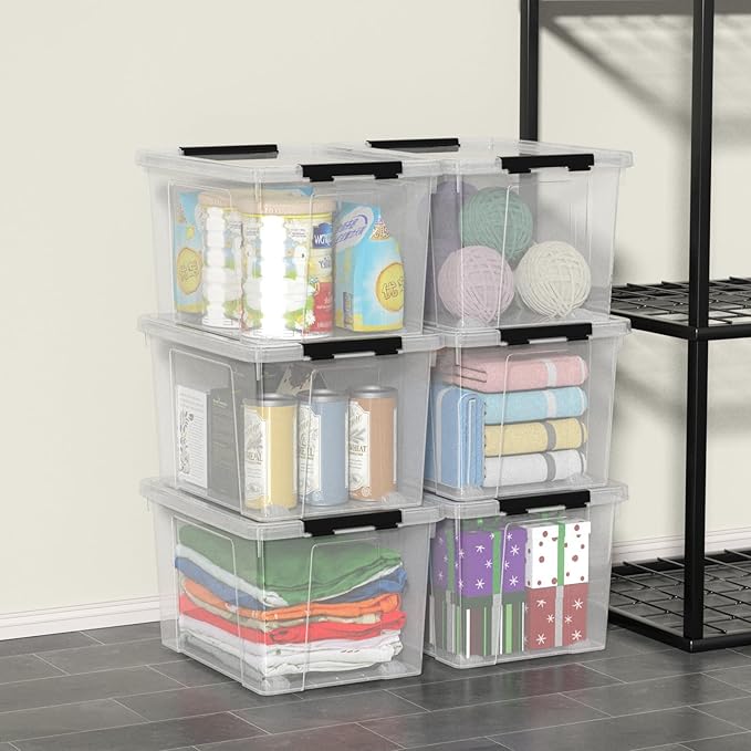 6-Pack Storage Box 22 Quart Stackable Plastic Bins with Snap-On Lids Clear