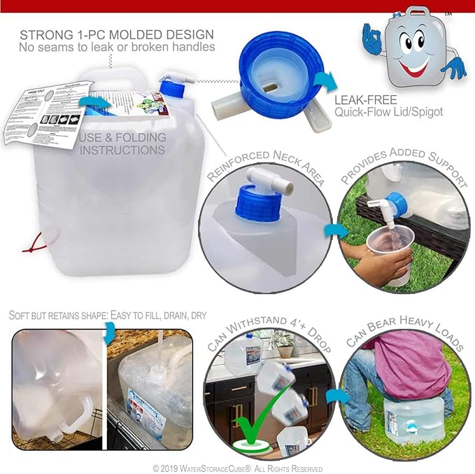 WaterStorageCube BPA Free Collapsible Water Container with Spigot Camping Water Storage Carrier Jug for Outdoors Hiking Backpack &amp Survival Kit Foldable Portable Water Canteen 1.3/2.6/5.3 Gallon
