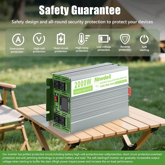Newdeli 2000 Watt Power Inverter 12V DC to 110V 120V AC Pure Sine Wave Inverter with LCD Display Remote Controller 4 AC Outlets and 5V 3.4A USB Port for Vehicles Car Truck RV Solar System Camping
