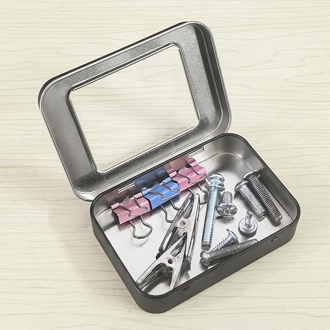 24 Pack Empty Rectangular Metal Storage Organizer Tins with Clear Window Hinged Lids for Small Items and Other Craft Projects (Black 3.9 x 2.8 x 0.8 inch)