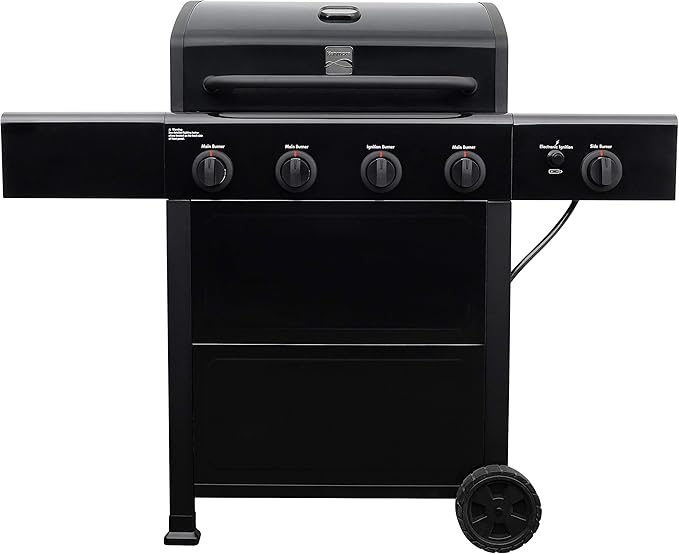 Kenmore 4-Burner Gas Grill with Side Burner Outdoor BBQ Grill Propane Gas Grill Cast Iron Cooking Grates Electronic Ignition Warming Rack Open Cart Design 53000 BTUs Black