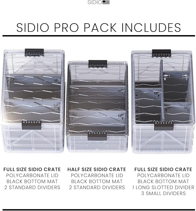 SIDIO CRATE Pro Pack - Two Full Size and One Half Size Heavy Duty Stackable Storage Bins Totes and Containers with Lids and Dividers - Durable Organizer for Home Office Garage and Outdoor Use