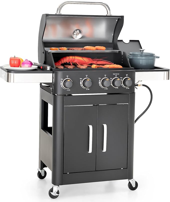 Captiva Designs 4-Burner Propane Gas BBQ Grill with Side Burner &amp Porcelain-Enameled Cast Iron Grates 46700 BTU Output for Outdoor Cooking Kitchen and Patio Backyard Barbecue Black