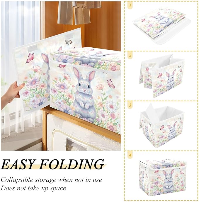 Bolaz Happy Easter Day Bunny Eggs Spring Flowers05 Storage Bins with Lids and Handles Foldable Storage Box Storage Basket with Cover Collapsible Organizer Containers for Home Closet Shelves