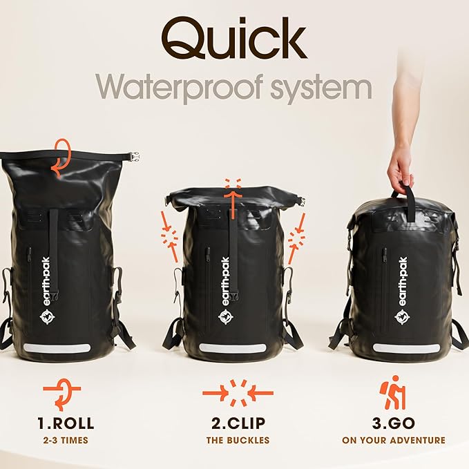 Earth Pak Waterproof Backpack - Heavy Duty Roll-Top Closure with Easy Access Front-Zippered Pocket and Cushioned Padded Back Panel for Comfort with IPX8 Waterproof Phone Case